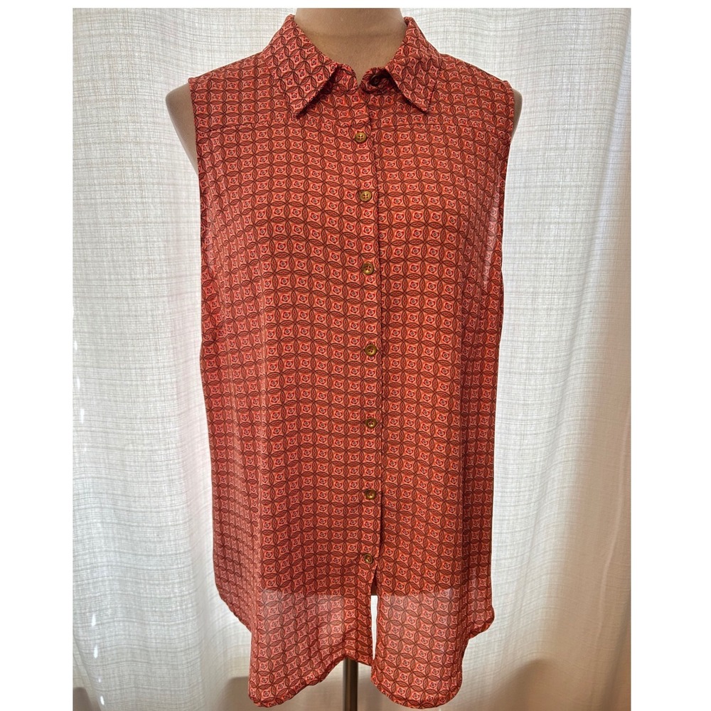 New Directions Sleeveless Button Up Orange Geometric Lattice Back Women XL